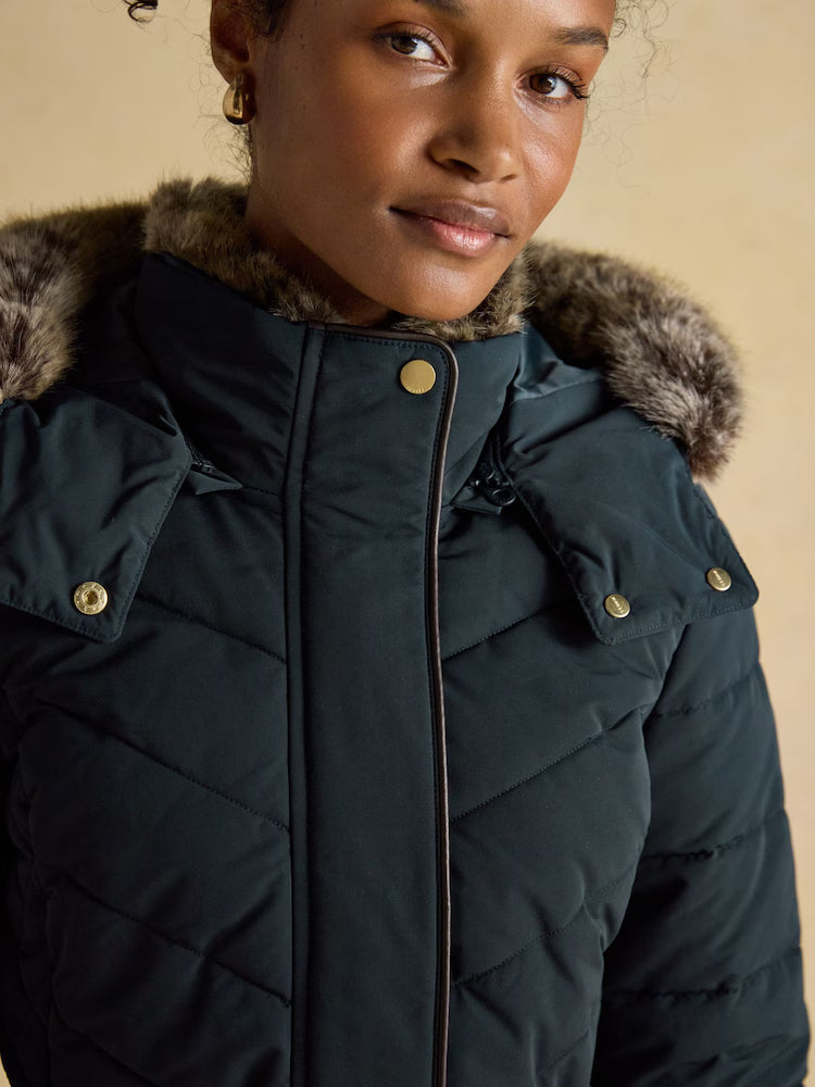 Joules Aspen Navy Showerproof Longline Padded Coat with Faux Fur Hood