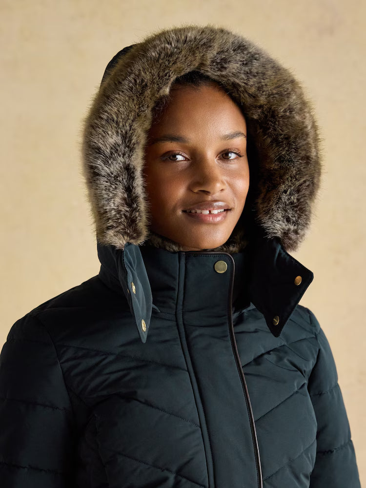 Joules Aspen Navy Showerproof Longline Padded Coat with Faux Fur Hood