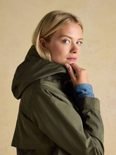 Joules Portwell Green Waterproof Raincoat With Hood and Adjustable Waist