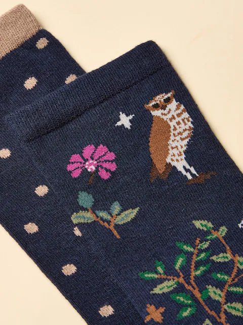 Joules Everyday Multi Navy Socks: Owl, Floral Pattern Cotton Blend