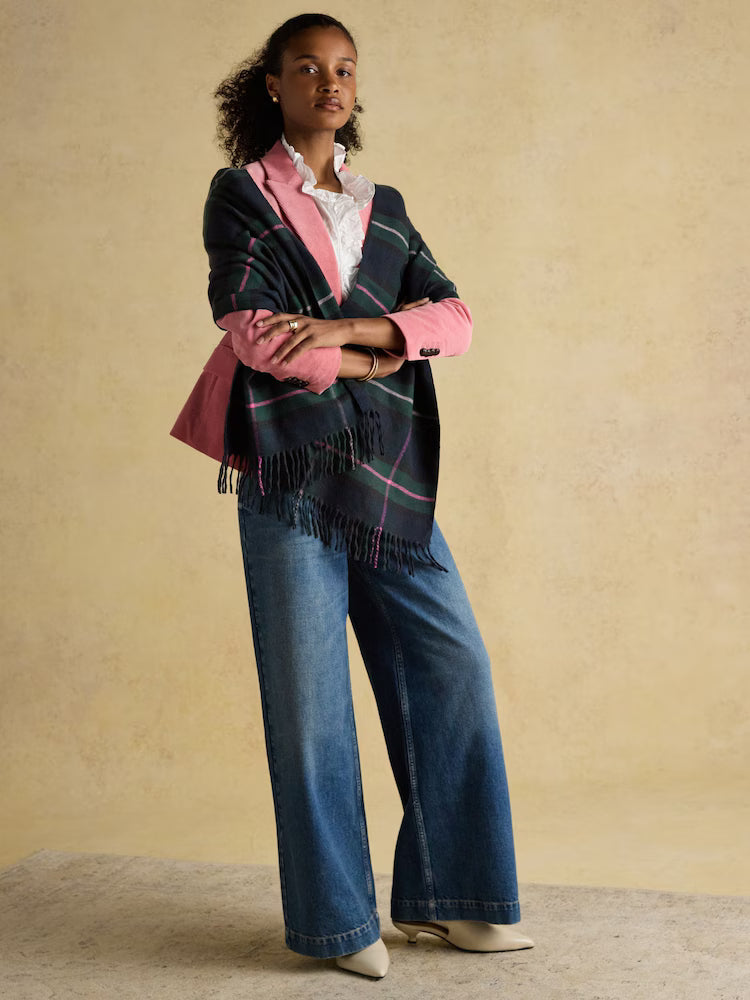 Joules Langtree Navy & Pink Check Large Scarf