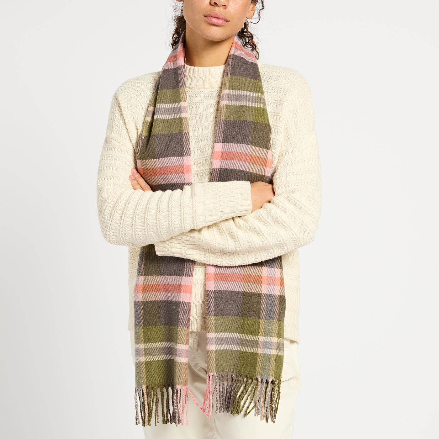 JOULES LANGTREE KHAKI/PINK scarf. Plaid patterned winter scarf by Equiflair.