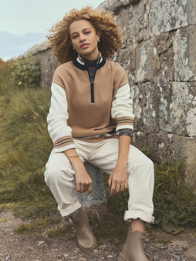 Joules Varsity Brown & Cream Colourblock Quarter Zip Cotton Jumper