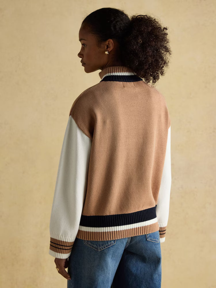 Joules Varsity Brown & Cream Colourblock Quarter Zip Cotton Jumper