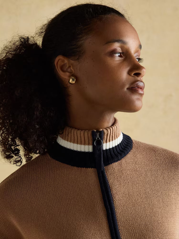 Joules Varsity Brown & Cream Colourblock Quarter Zip Cotton Jumper