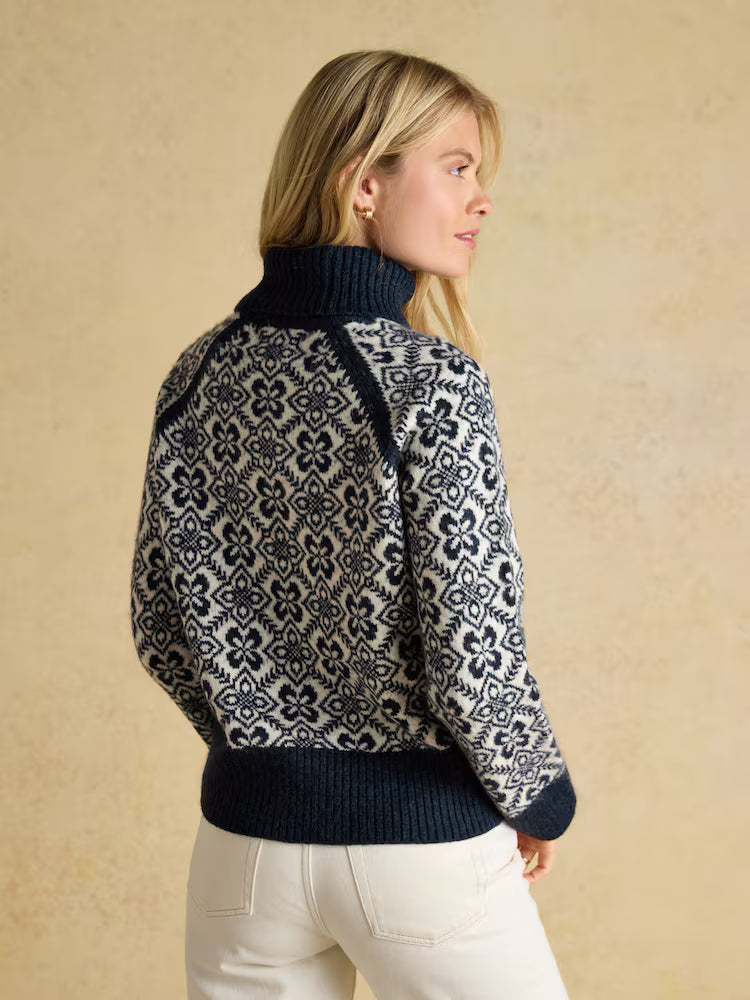 Joules Addison Navy & Cream Patterned Knitted Jumper with Detachable Roll Neck