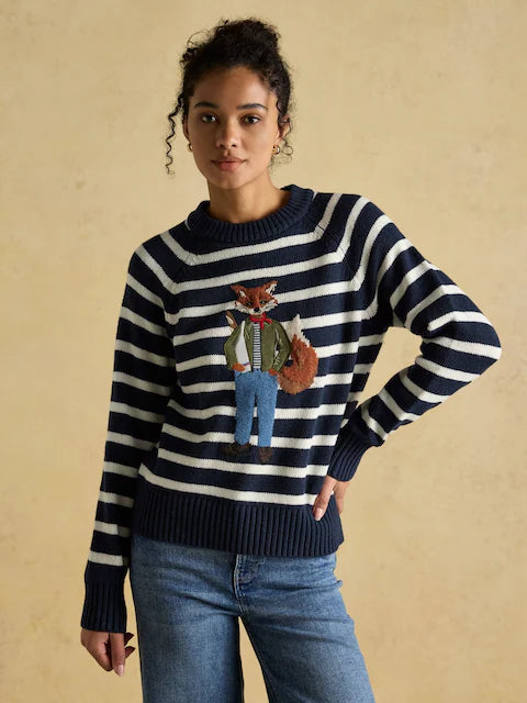 Joules Jonty Striped Jumper - Fox Intarsia Cotton Blend Sweater