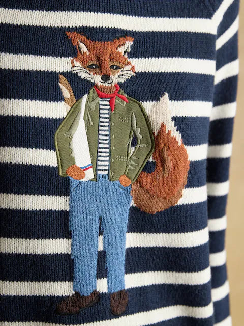 Joules Jonty Striped Jumper with Fox Intarsia: Crew Neck Sweater with Appliqued Fox Design on Navy and White Stripes.