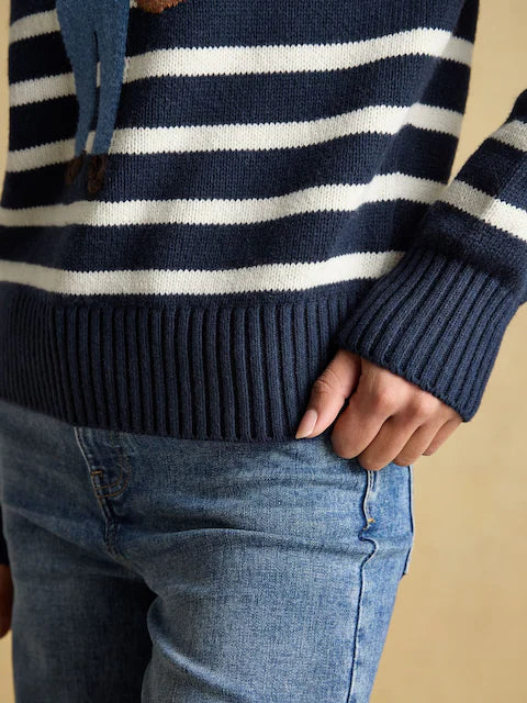 Joules Jonty Striped Crew Neck Intarsia Jumper with Fox Design - Stylish Ladies Knitwear
