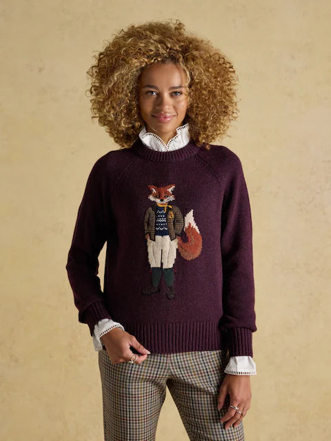 JOULES Jonty Fox Jumper: Wine Red Crew Neck Knit with Intarsia Fox Design