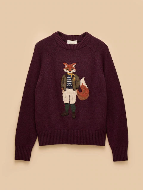 Joules Jonty Wine Red Crew Neck Jumper with Intarsia Fox Design | Equiflair