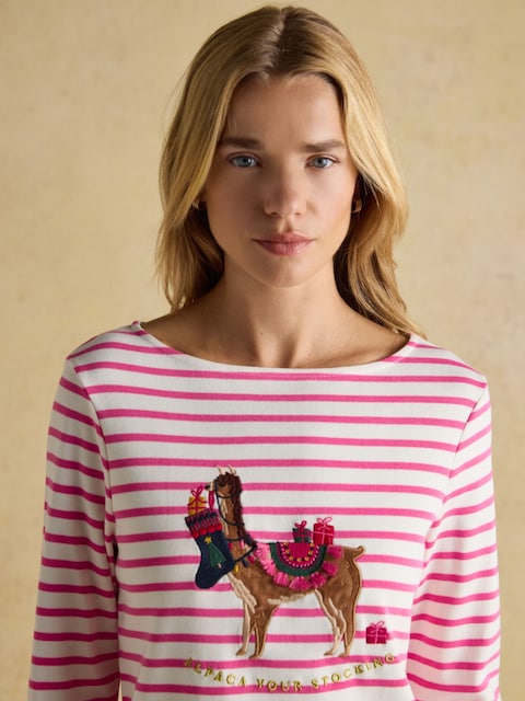 Joules Festive Harbour Alpaca Cream/Pink Boat Neck Breton Top