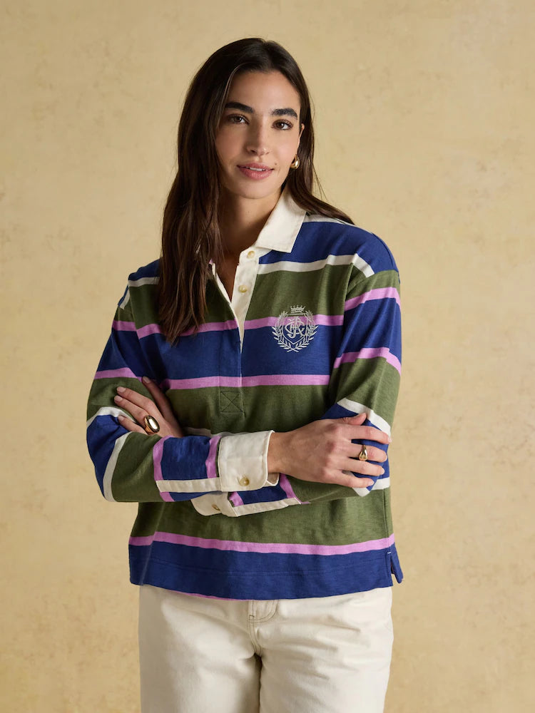 Joules Lara Rugby Shirt: Blue, Green, & Pink Striped, Boxy Fit Long Sleeve Top
