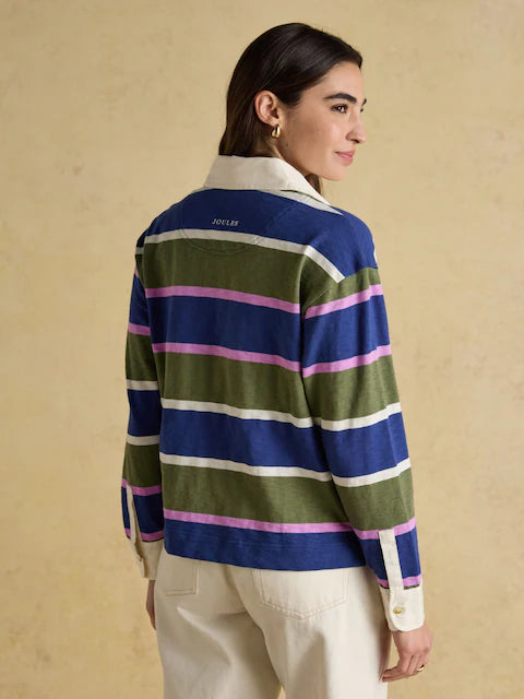 JOULES LARA Rugby Shirt: Blue, Green, Pink Stripes, Boxy Fit, Long Sleeve Cotton Top