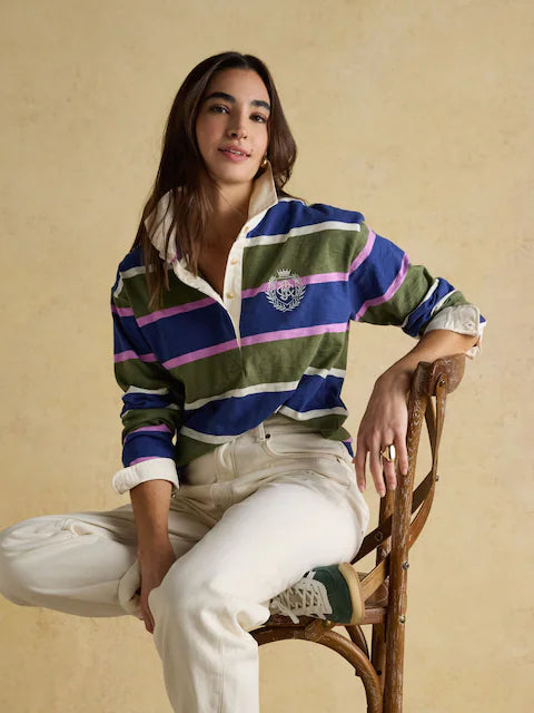 JOULES LARA Blue & Green Striped Rugby Shirt - Boxy Fit Cotton Top by Equiflair Saddlery. Woman in striped rugby shirt.