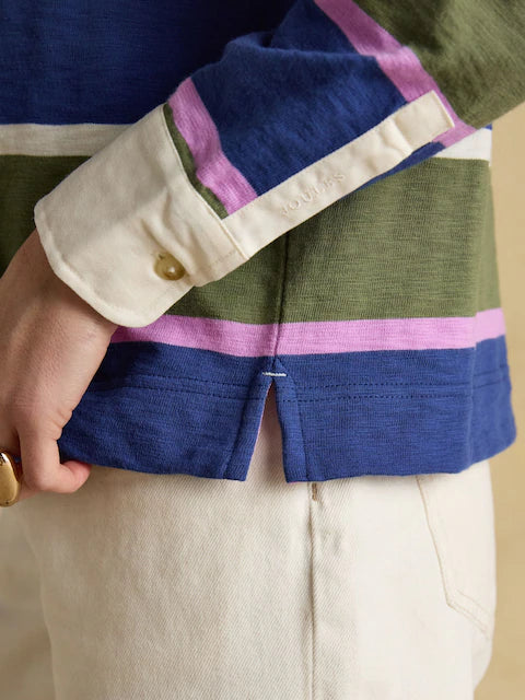 JOULES Lara Blue & Green Stripe Boxy Fit Rugby Shirt with buttoned cuff - Women's Casual Top at Equiflair Saddlery