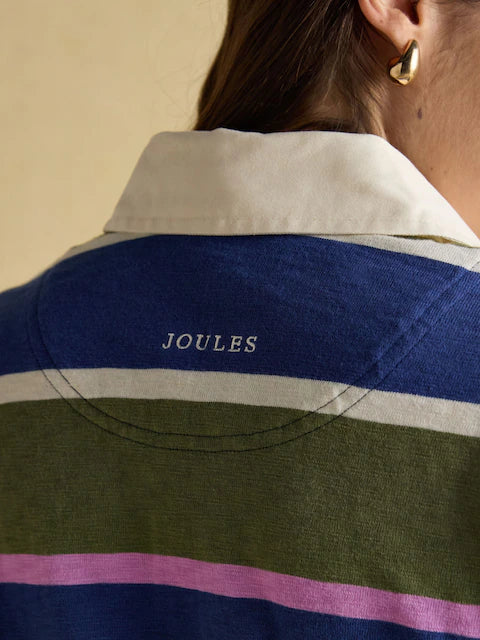 Joules Lara Rugby Shirt: Blue, Green, & Pink Stripes, Boxy Fit, Embroidered Logo, Women's Fashion