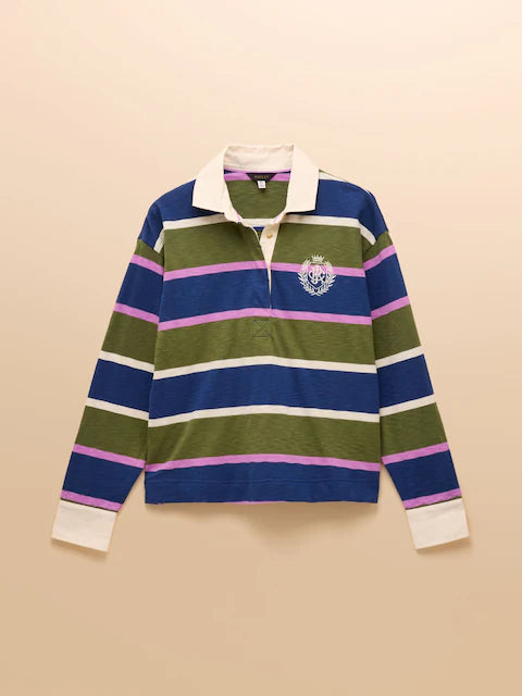 Joules Lara Rugby Shirt - Blue, Green Stripe, Boxy Fit, Long Sleeve