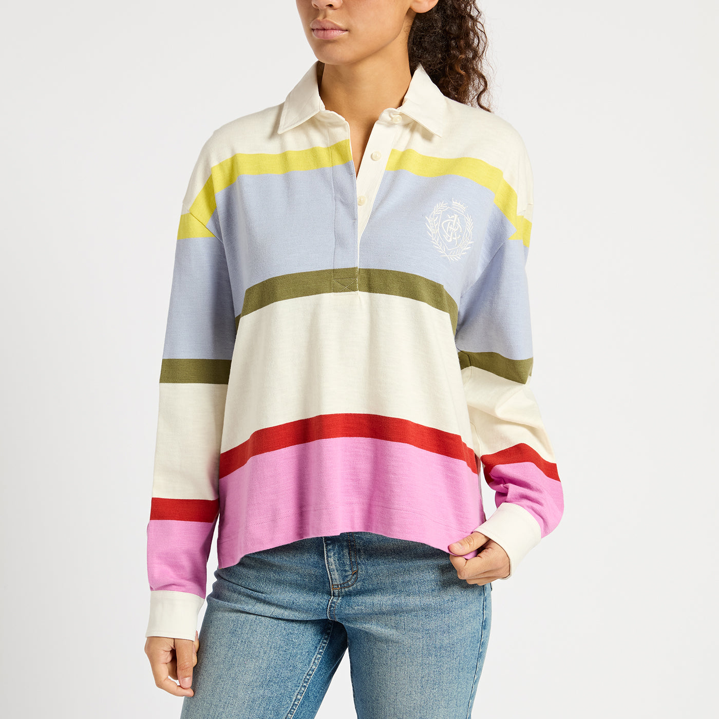 JOULES Lara Multi Stripe Rugby Shirt - Boxy Fit Cotton Long Sleeve Top - Equiflair Saddlery