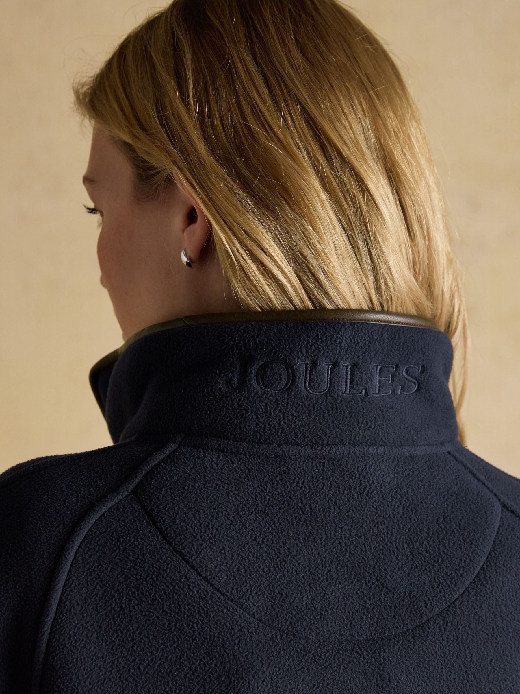 Joules women's navy polar fleece cape with embroidered logo, warm stand collar, recycled polyester