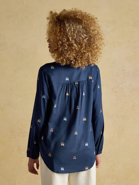 JOULES Elvina Navy Shirt with Car Print - Relaxed Fit Long Sleeve Blouse