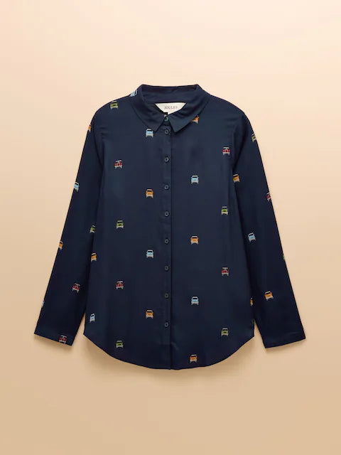 JOULES Elvina Navy Shirt with Bus Print | Women's Relaxed Fit Long Sleeve Top