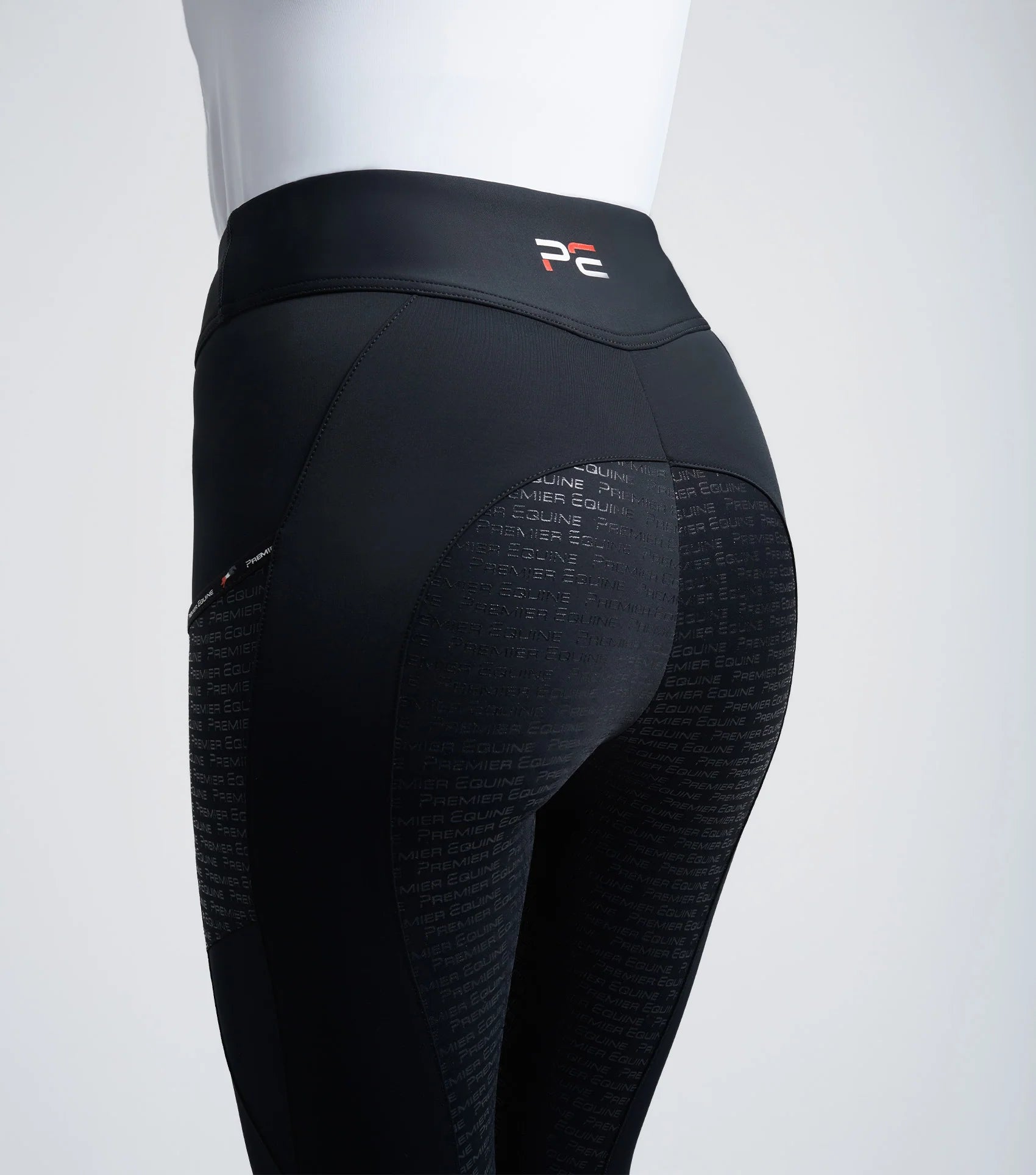 Premier Equine Aporia Black Riding Tights: High Waist, Silicone Full Seat, Phone Pockets. Equestrian Apparel.