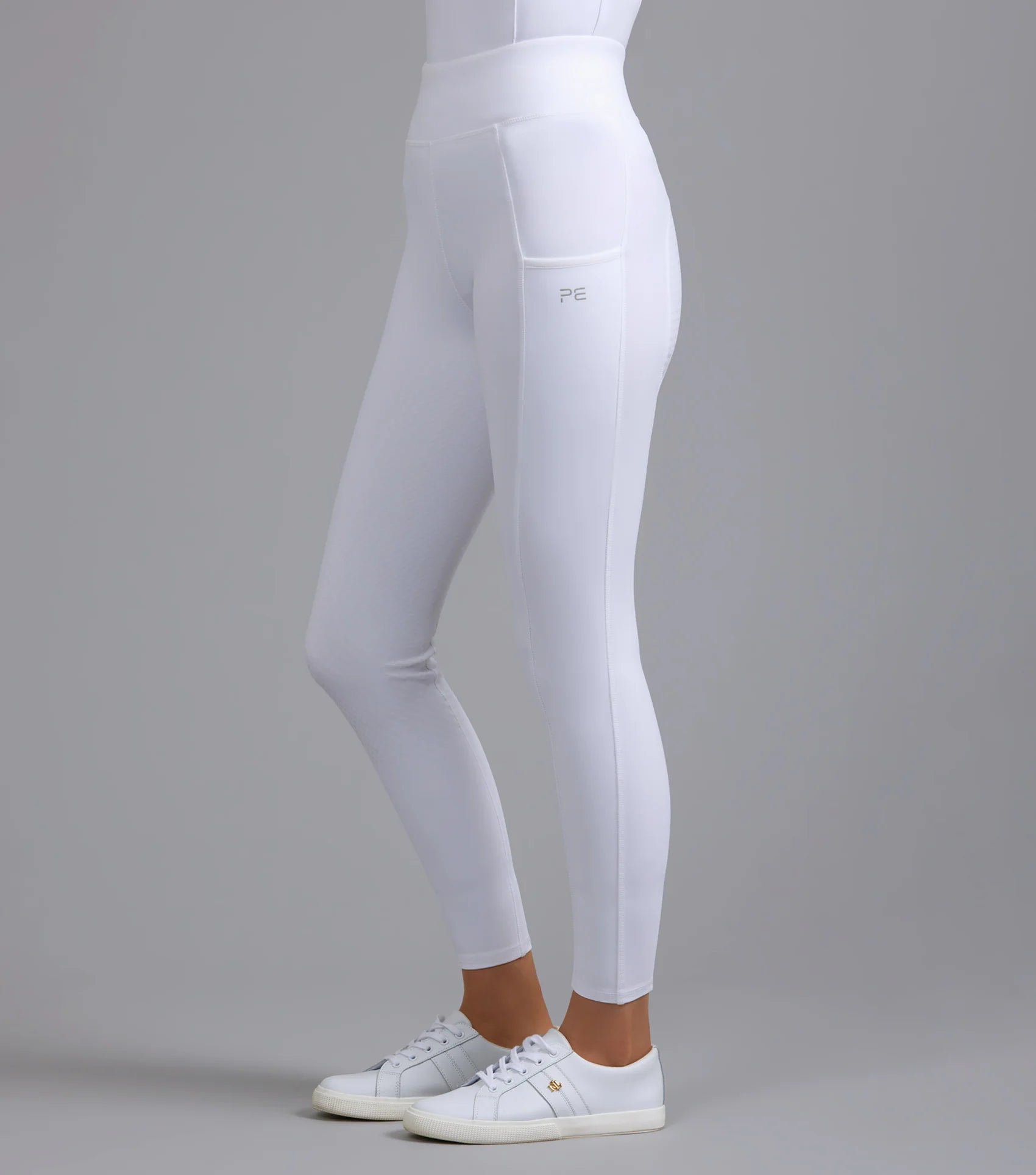 Premier Equine White Ladies Riding Tights: Full Seat Gel, Phone Pocket. Shop Now!