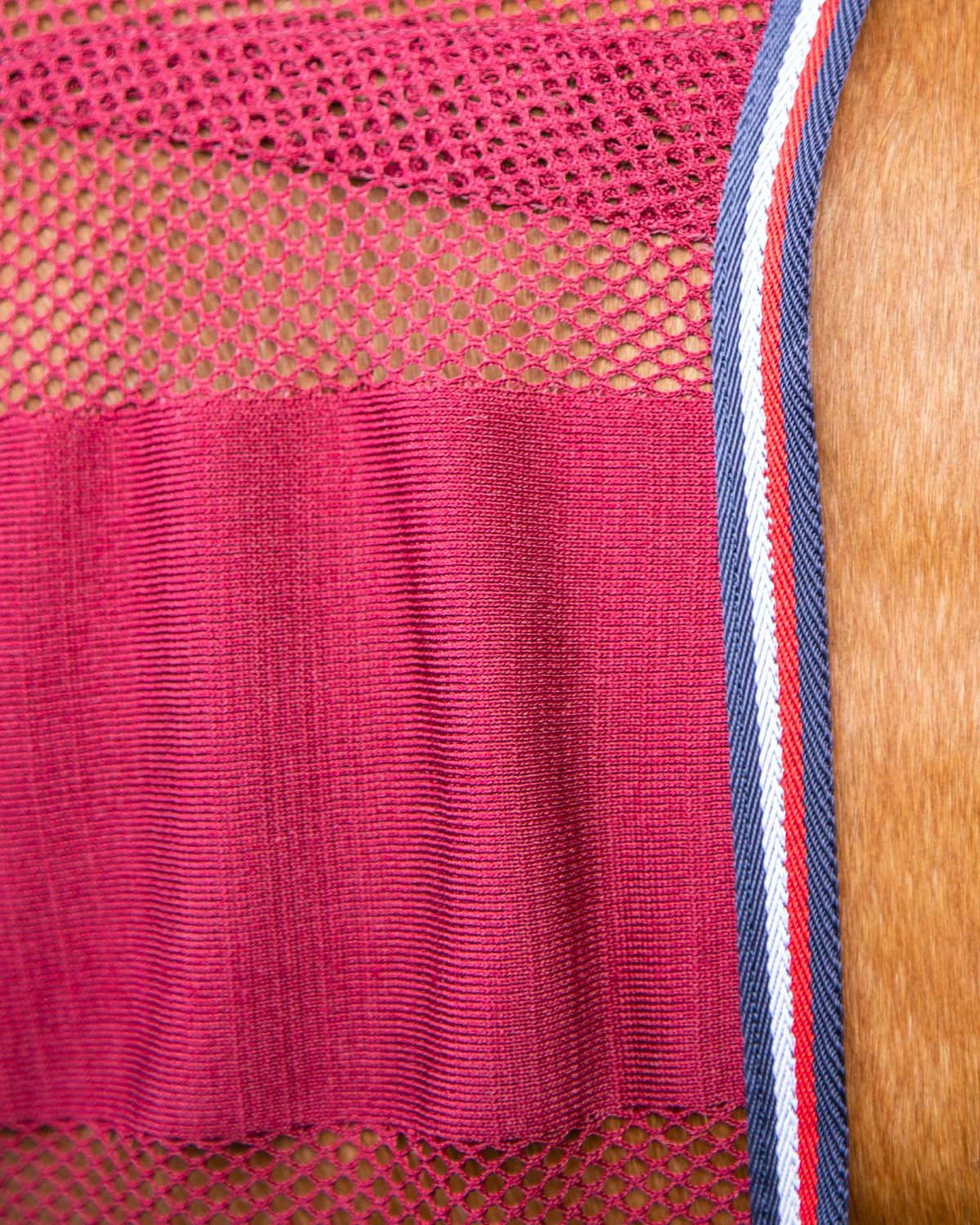 PREMIER EQUINE ARISCA SCRIM COOLER BURGUNDY: Horse cooler rug featuring breathable mesh & solid panels for moisture wicking & cooling.