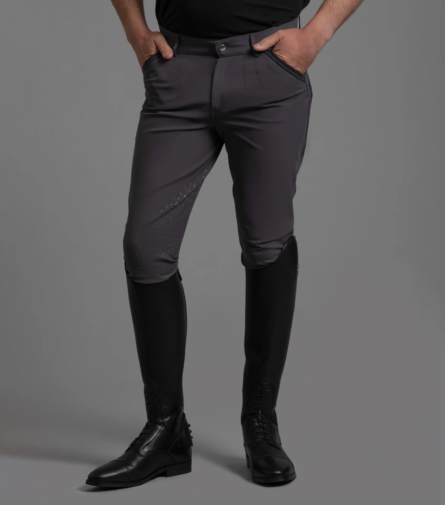 Premier Equine Barusso Men's Anthracite Breeches with Gel Knee Patches. Stylish and comfortable riding apparel.