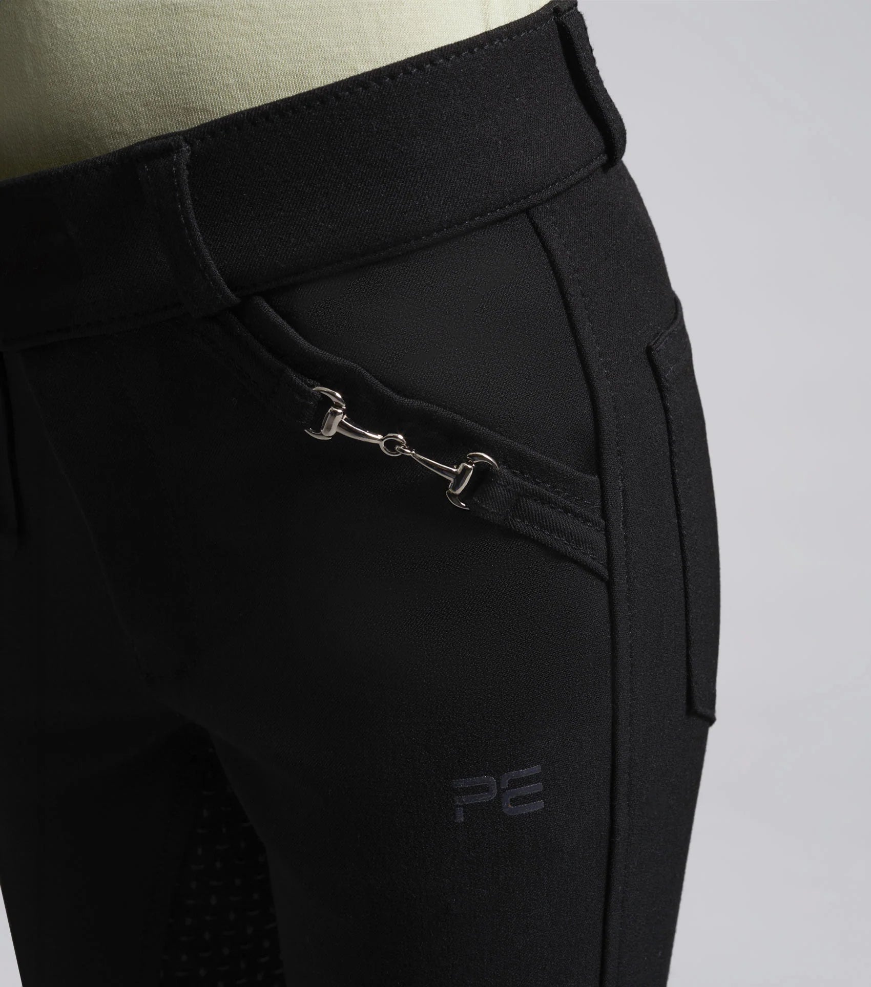 Premier Equine Brava Girls Black Riding Breeches with Full Seat Gel & Snaffle Bit Detail. Equestrian Apparel.