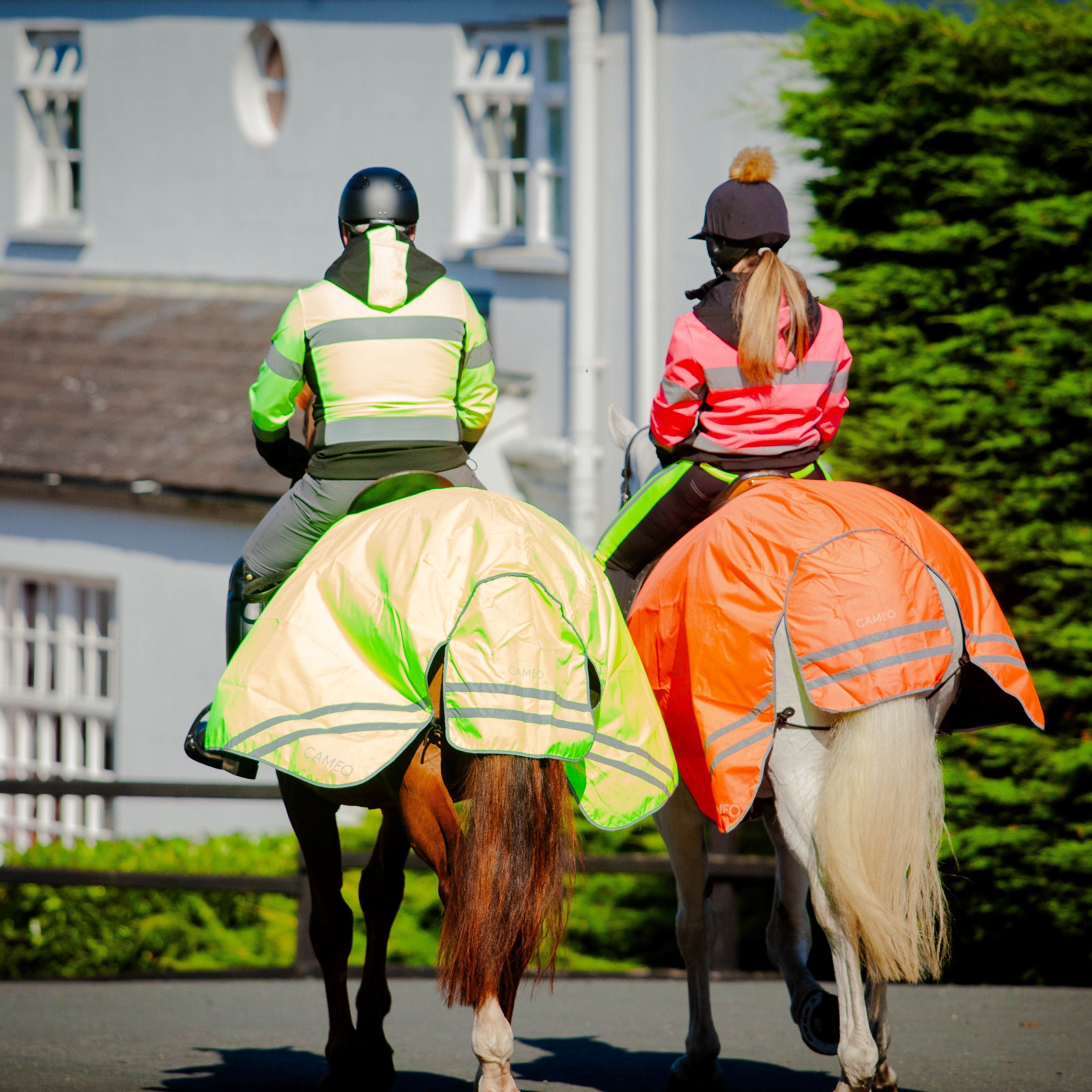 Hi Viz Horse Riding: Kids in CAMEO jackets & turnout rugs, improving equestrian safety. Visibility on ponies with bright gear.