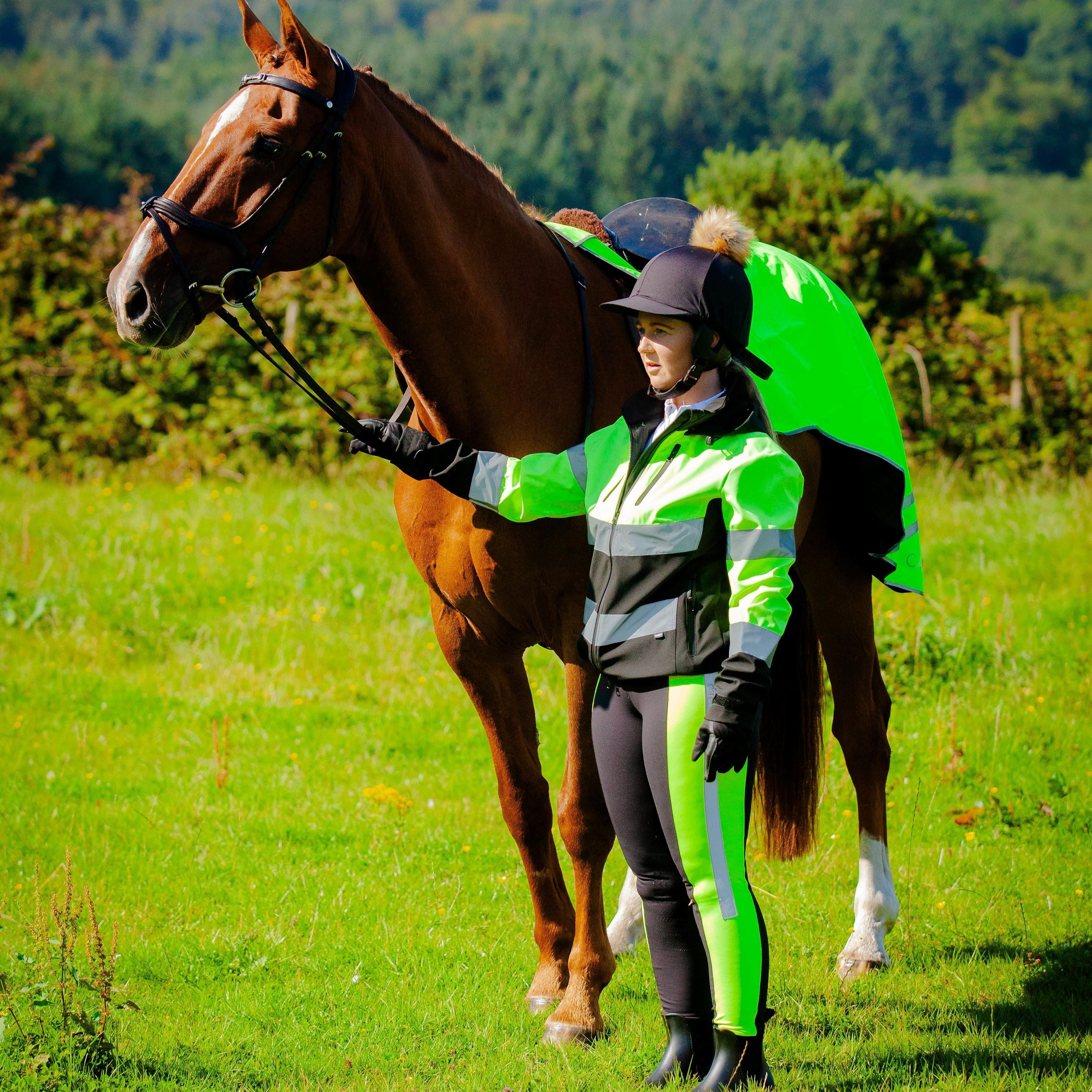 Horse and rider with CAMEO high viz exercise sheet for safety. Reflective yellow wrap around from Equiflair.