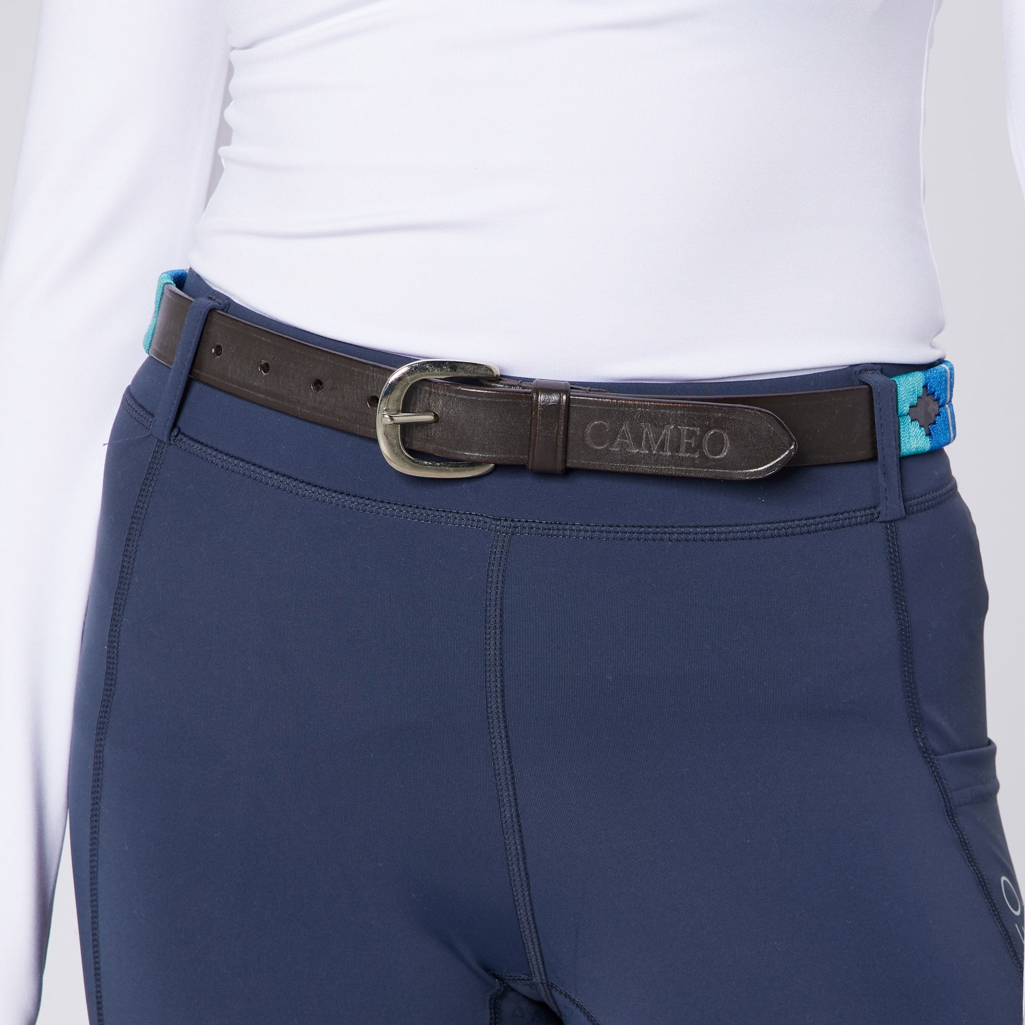 Equiflair CAMEO Polo Belt: Brown leather belt with Aztec embroidered design and silver buckle.