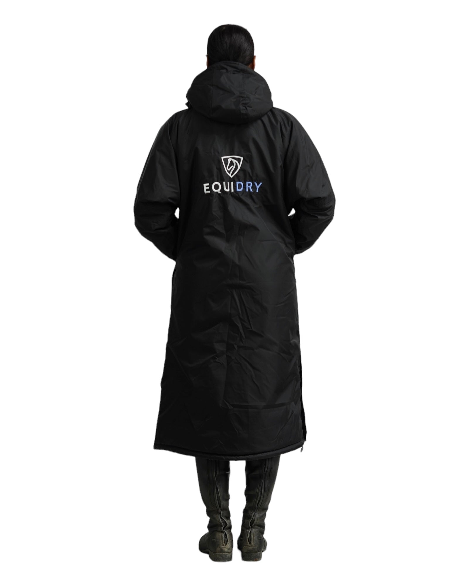 EQUIDRY women's long waterproof horse riding coat in black/lilac back of coat full length