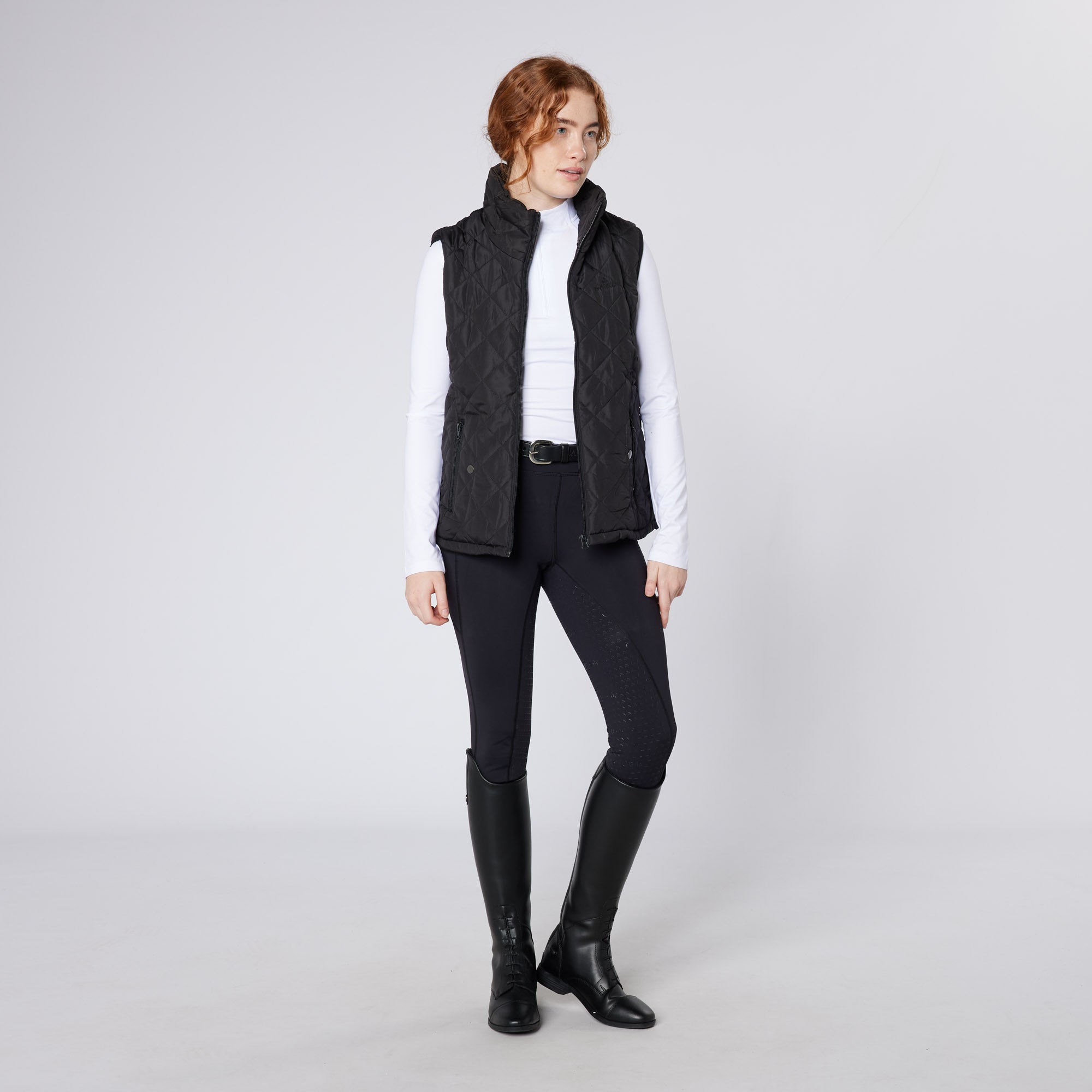 Equiflair Cameo Gilet: Black Quilted Water Resistant Riding Vest. Stylish Women's Equestrian Fashion.