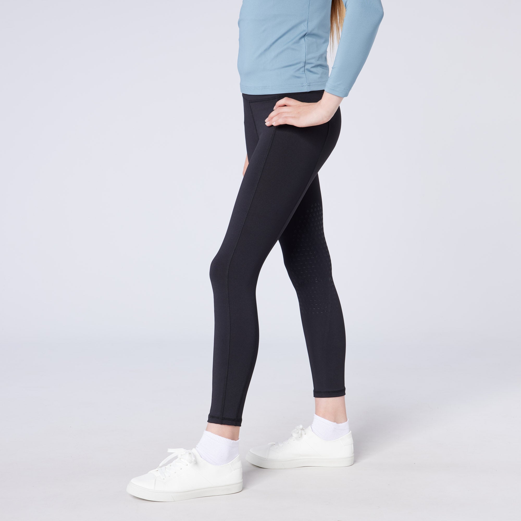 Kids riding tights Equiflair CameoTech black riding leggings, child's equestrian apparel with phone pocket