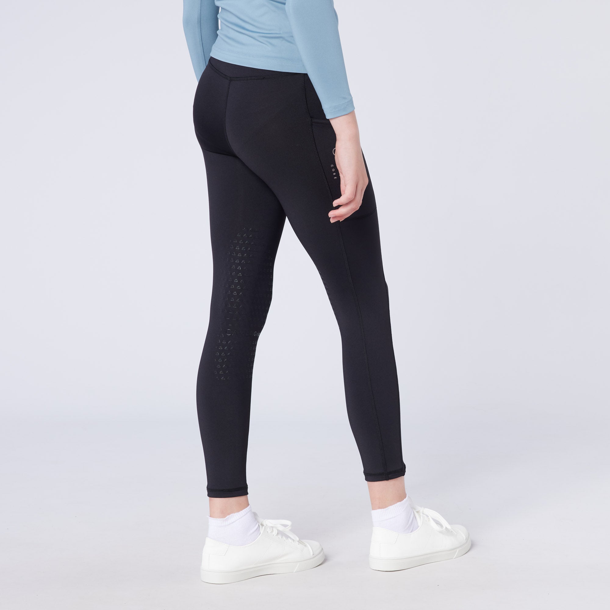 Equiflair Junior Core Riding Tights: Black equestrian leggings w/ CameoGrip knee, phone pocket - childs apparel