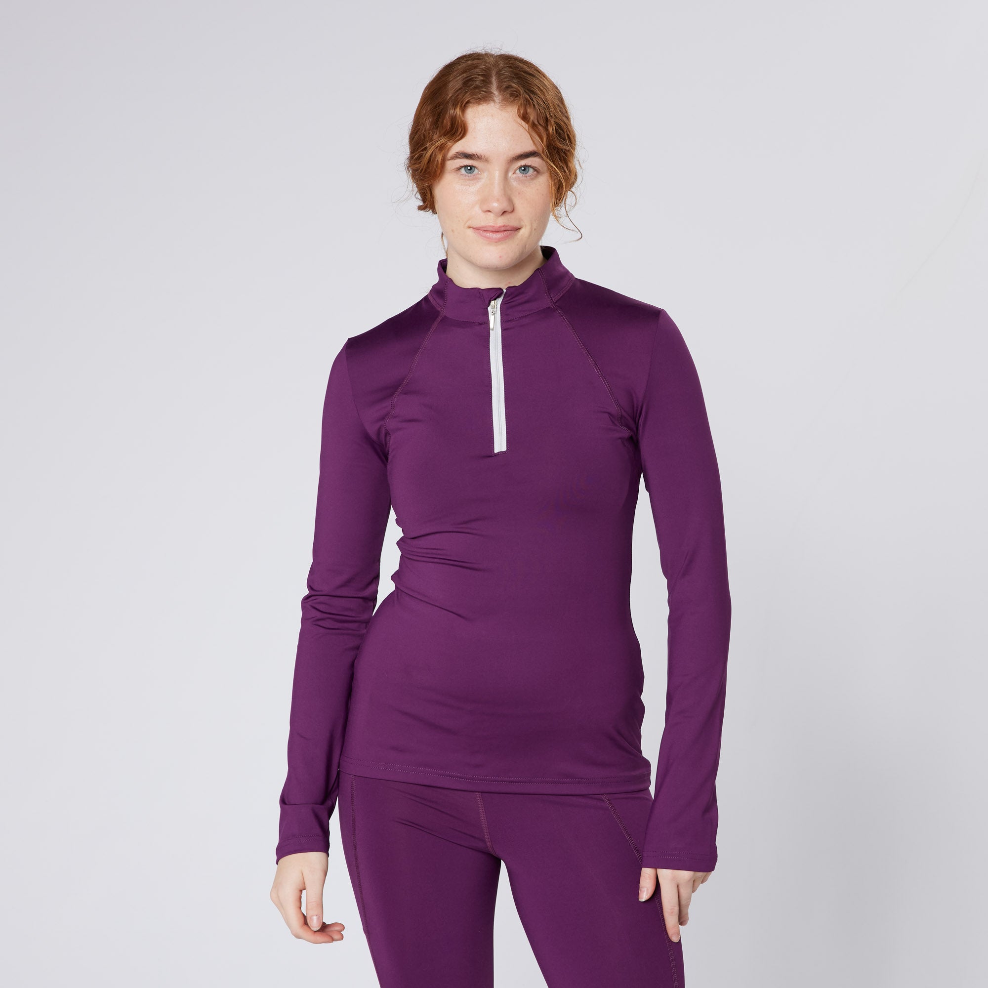 Equiflair CAMEO AUBERGINE Baselayer: Women's Purple Riding Baselayer, Equestrian Clothing, 1/4 Zip Long Sleeve Top