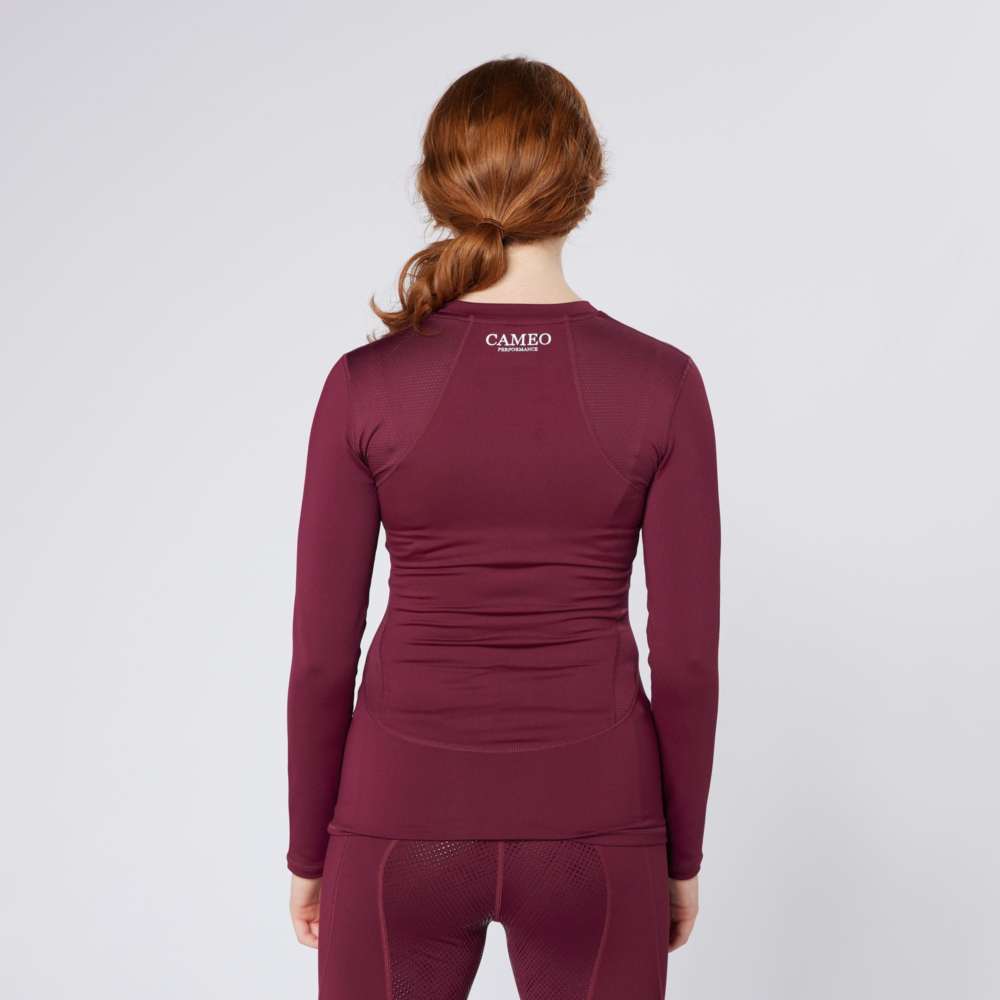Equestrian Performance Baselayer Plum: Cameo Tech Riding Top, Long Sleeve. Comfortable base layer for horse riding and competition.
