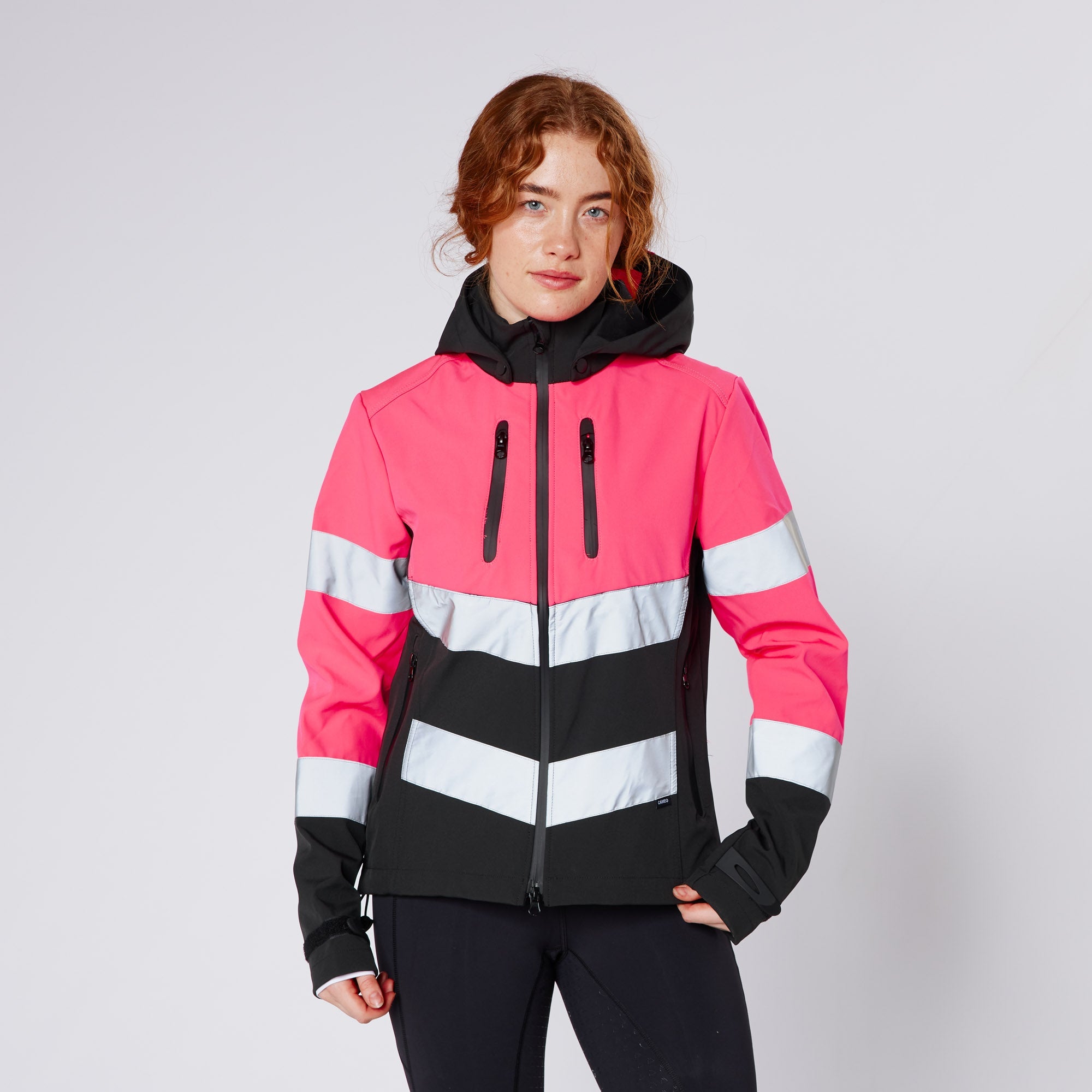 CAMEO Hi Viz Riding Jacket Pink Equiflair: Water Repellent, Reflective, Detachable Hood - Visibility & Safety for Equestrian Activities