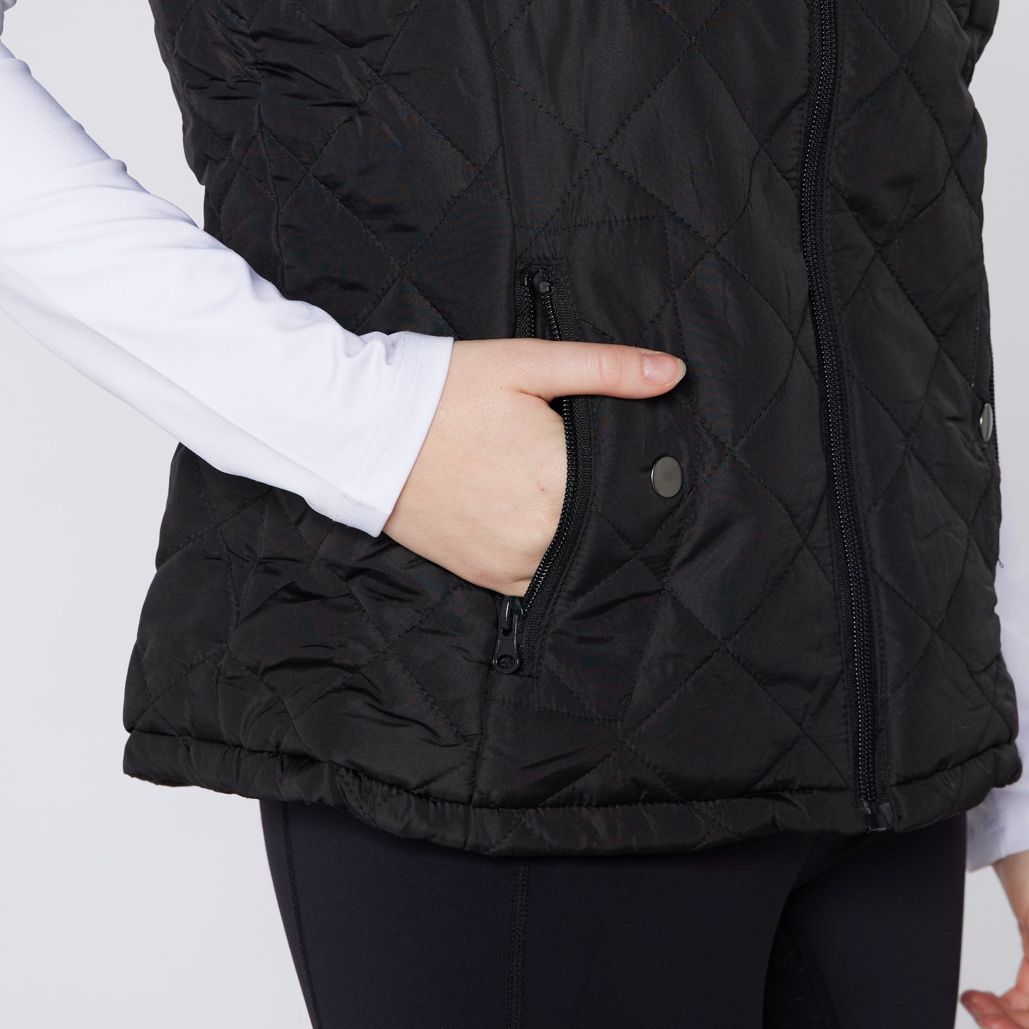 Equiflair CAMEO Black Quilted Gilet: Women's Equestrian Vest with Zipper Pockets - Hand in Pocket