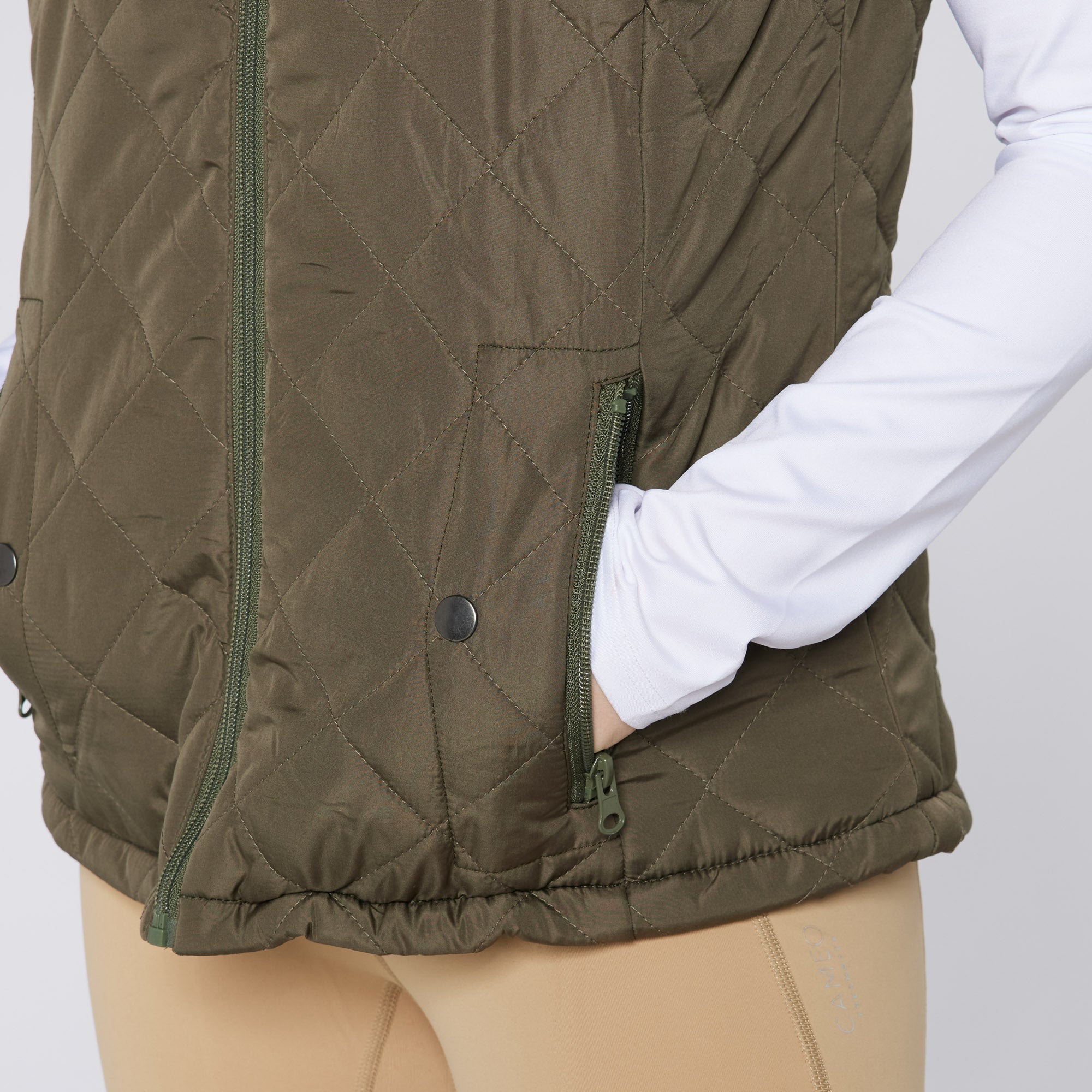 CAMEO Olive All Season Equestrian Gilet: Water-Resistant Vest with Zipper Pockets. #CameoEquestrian #Gilet #EquestrianFashion