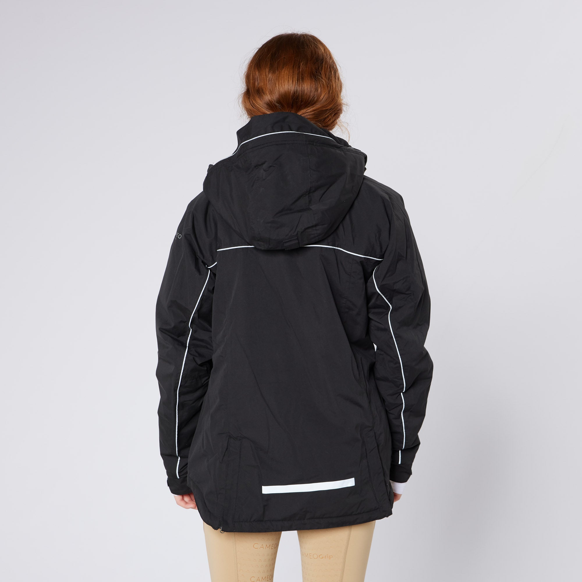 Black CAMEO winter riding jacket with hood. Equestrian apparel for cold weather riding.