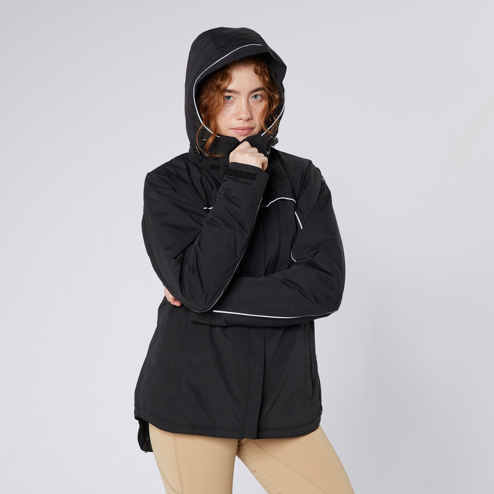 Equiflair CAMEO Thermo Winter Riding Jacket: Waterproof, breathable, fleecy lining, hood, reflective. Black riding jacket for women.