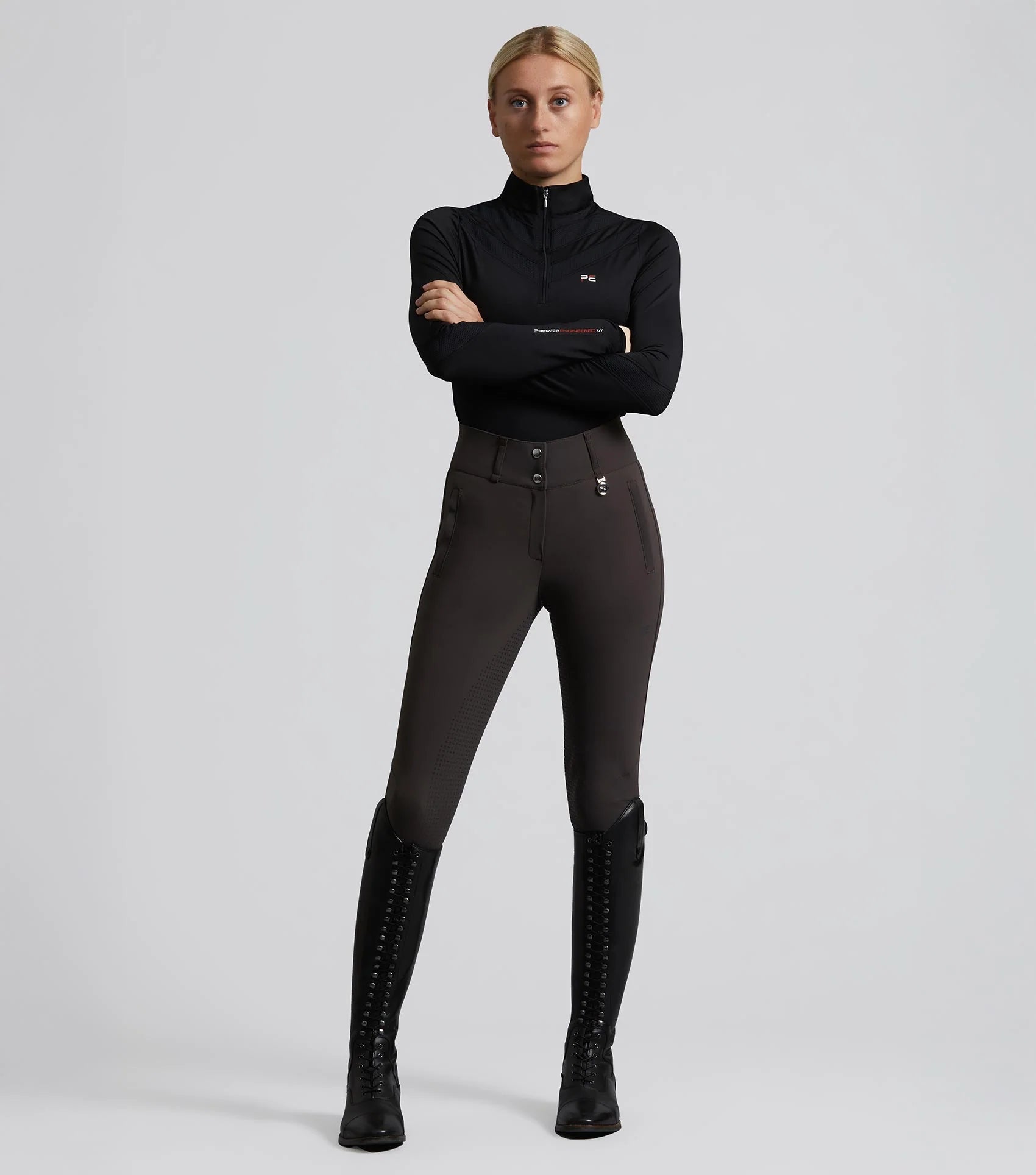 Premier Equine Carapello Ladies Full Seat Gel Riding Breeches Liquorice. Equestrian apparel by Equiflair.