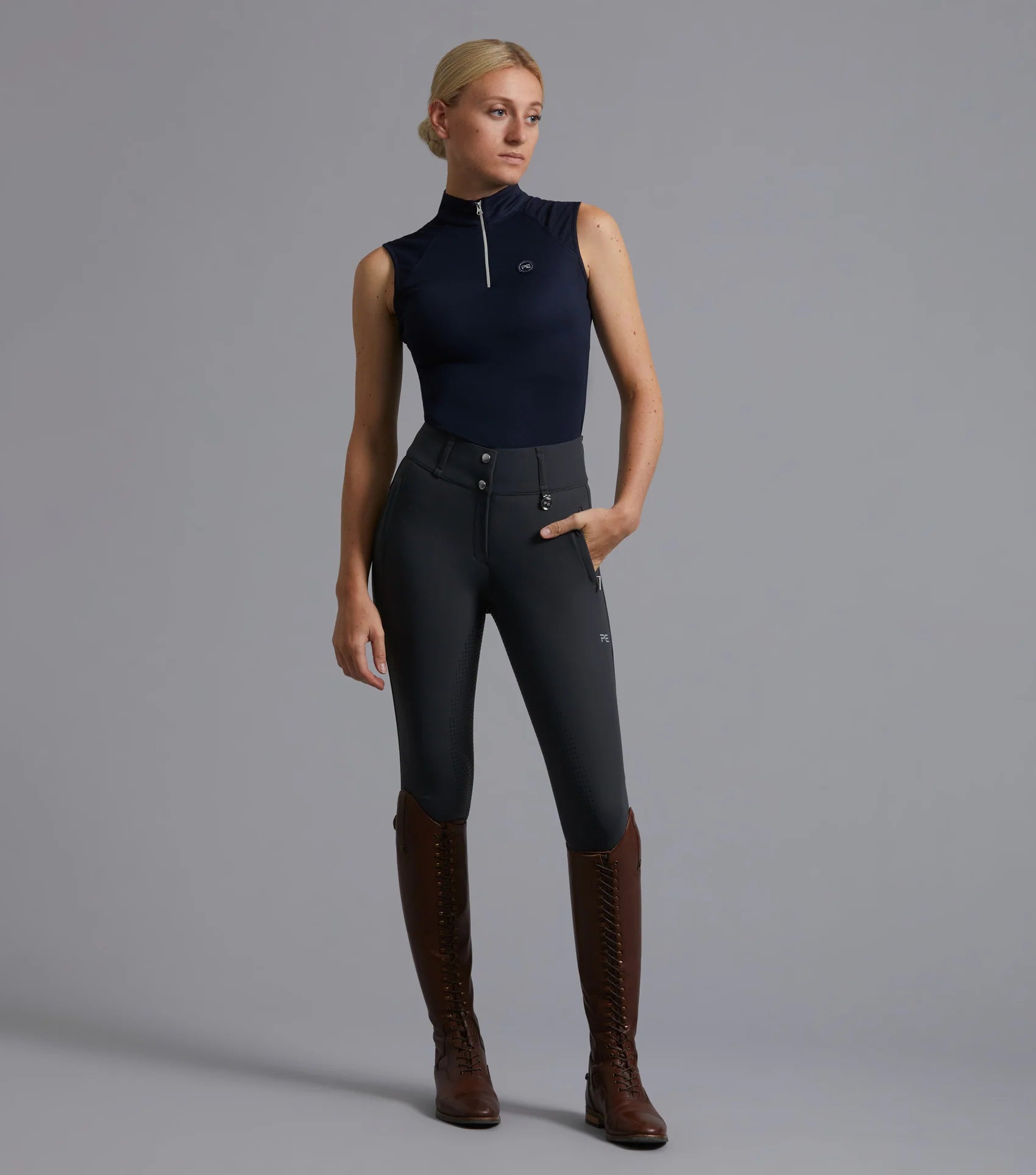 Premier Equine Carapello Anthracite Riding Breeches: Ladies Full Seat Gel Equestrian Pants, High-Waisted, Technical Fabric