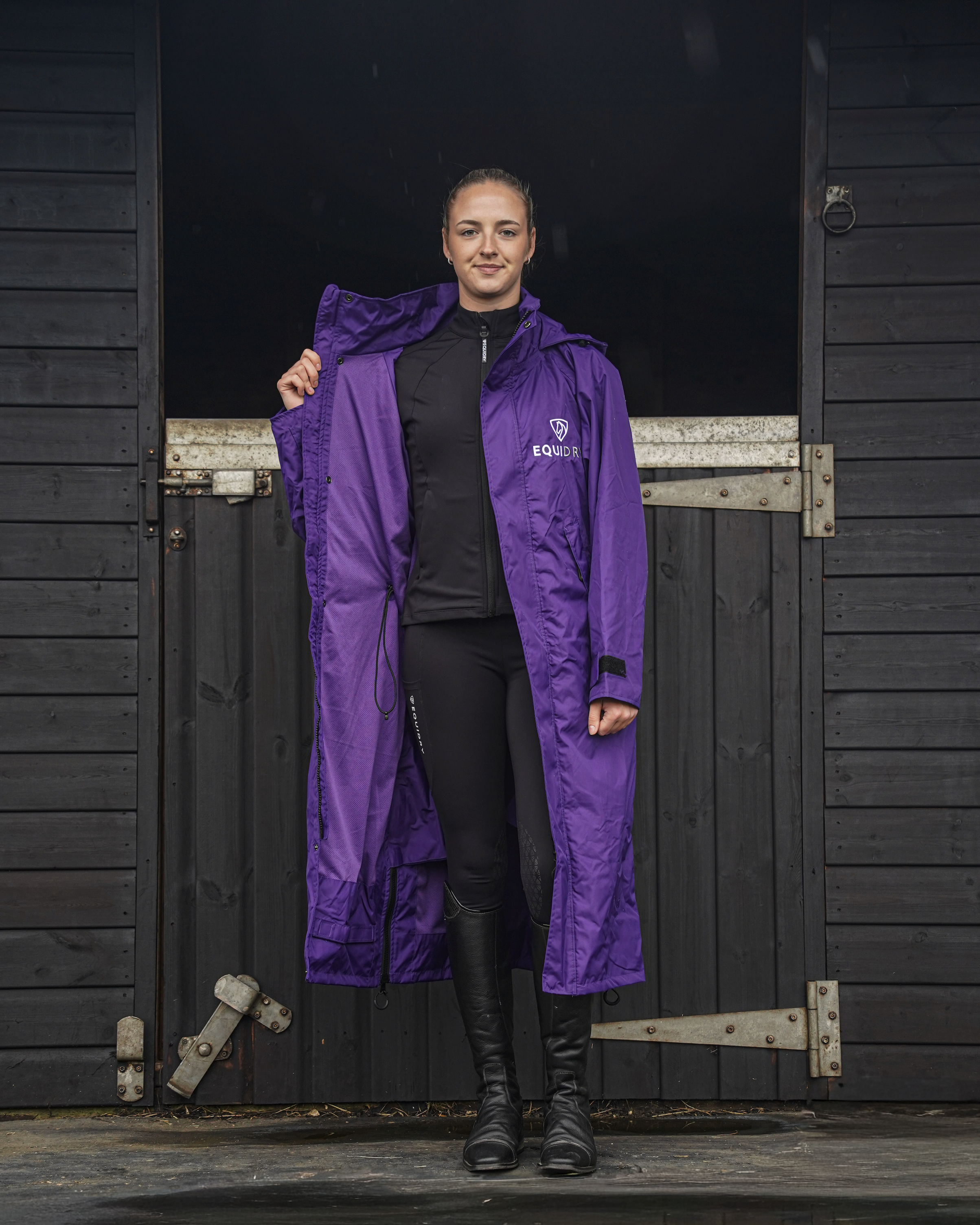EQUIDRY Evolution Women's Purple Riding Coat: Waterproof & Breathable Equestrian Outerwear.