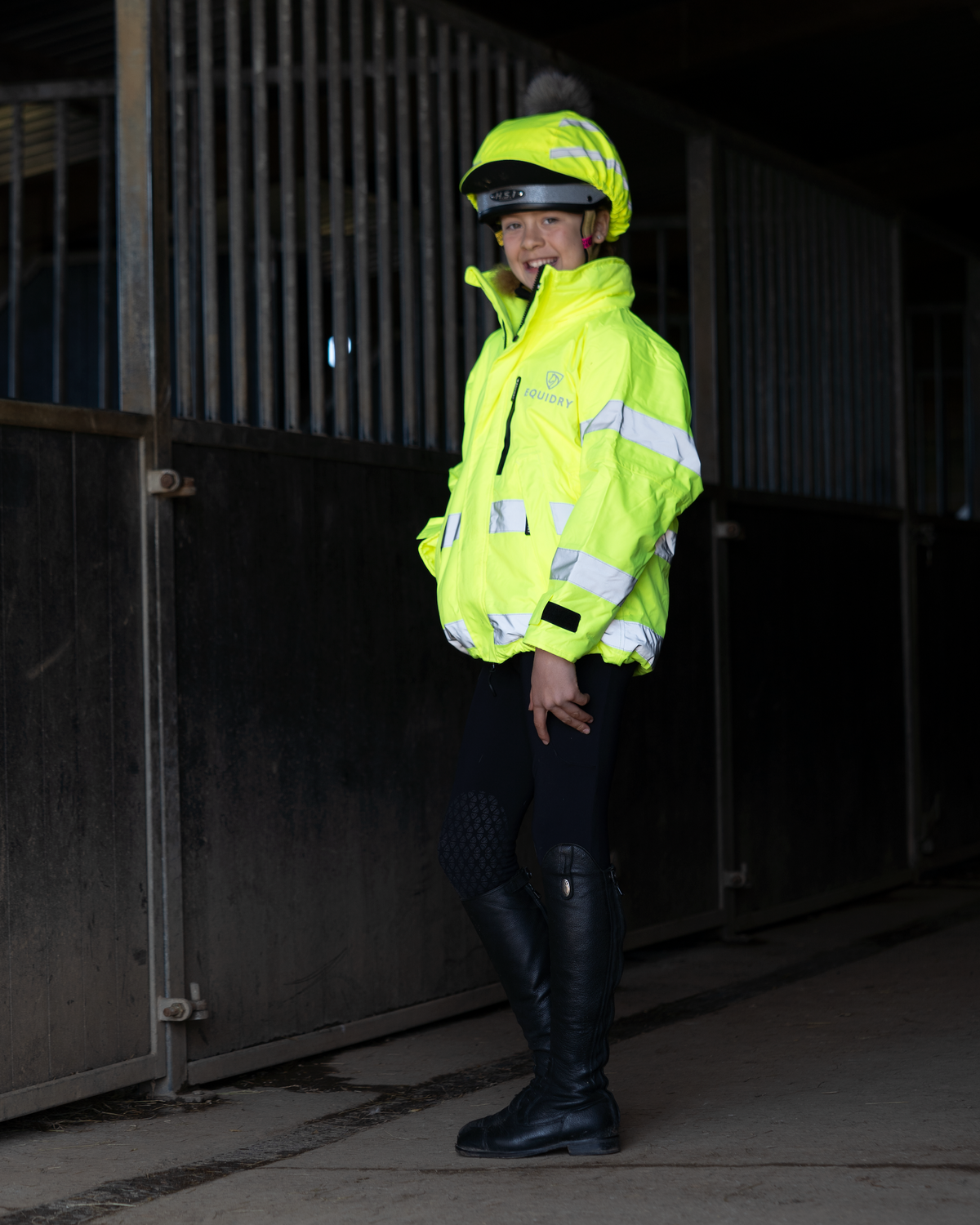 EQUIDRY Children's Hi-Vis Yellow Waterproof Fleece-Lined Riding Coat for Equestrian Safety