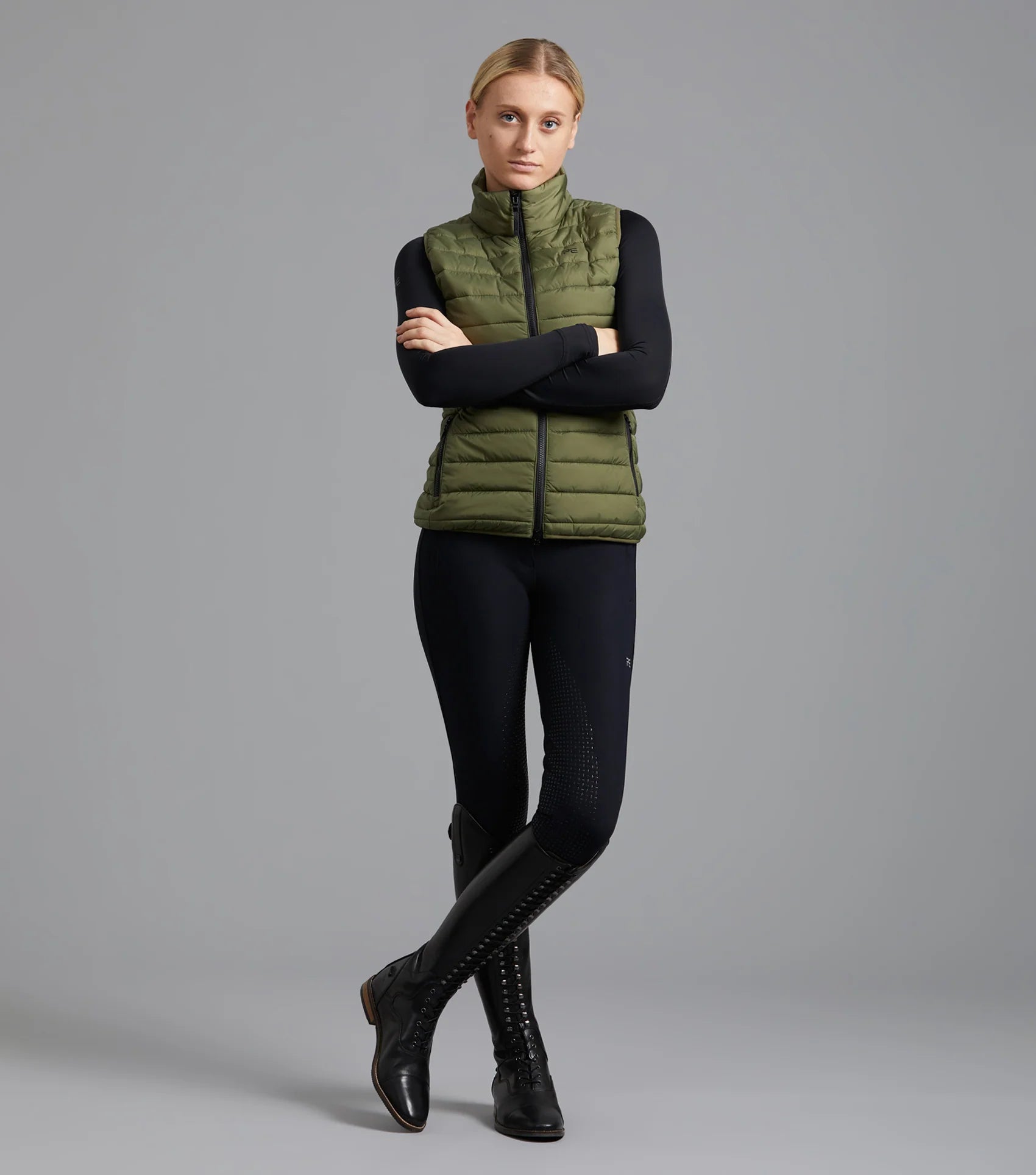 Olive Ladies Riding Gilet: Premier Equine Equestrian Quilted Vest at Equiflair